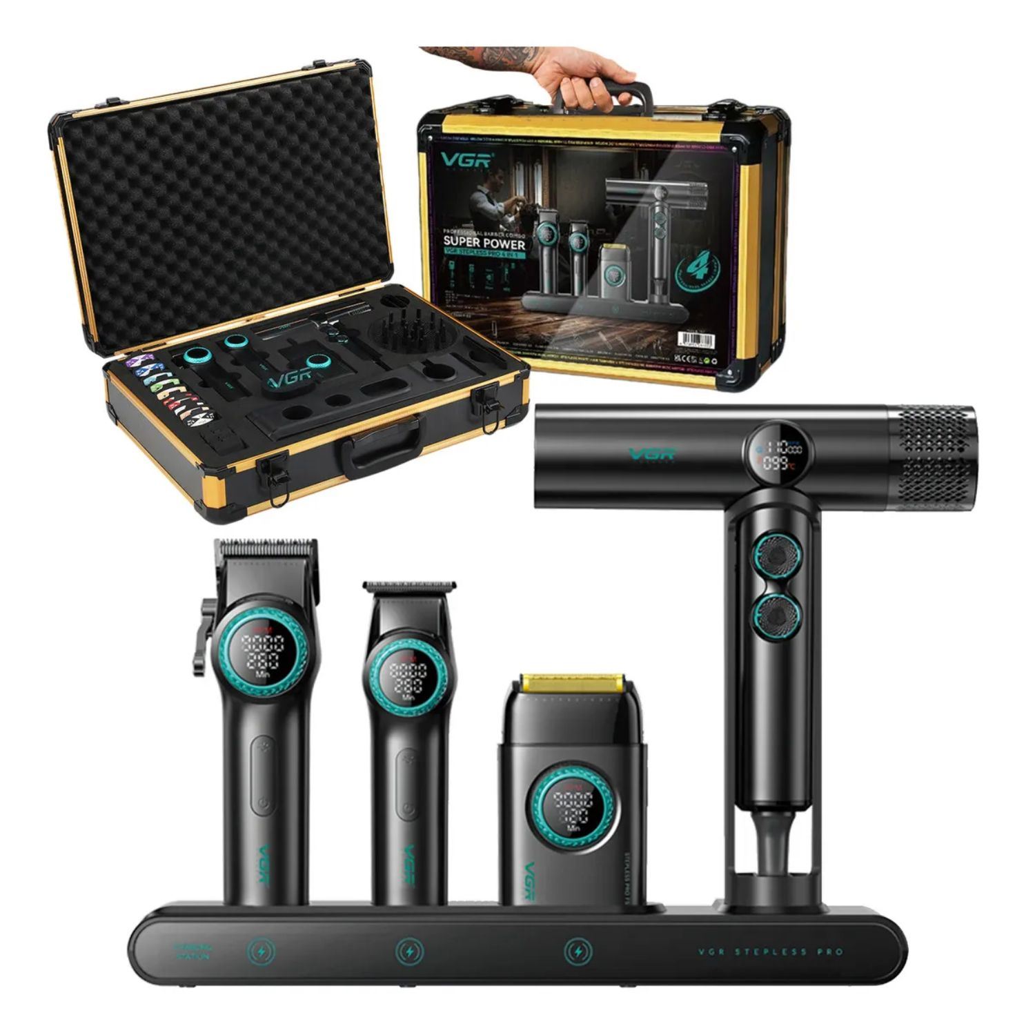 Kit Barbería Profesional VGR 4 En 1 Máquinas Corte Clipper Trimmer Shaver Secador Con Base De Carga y Maletín